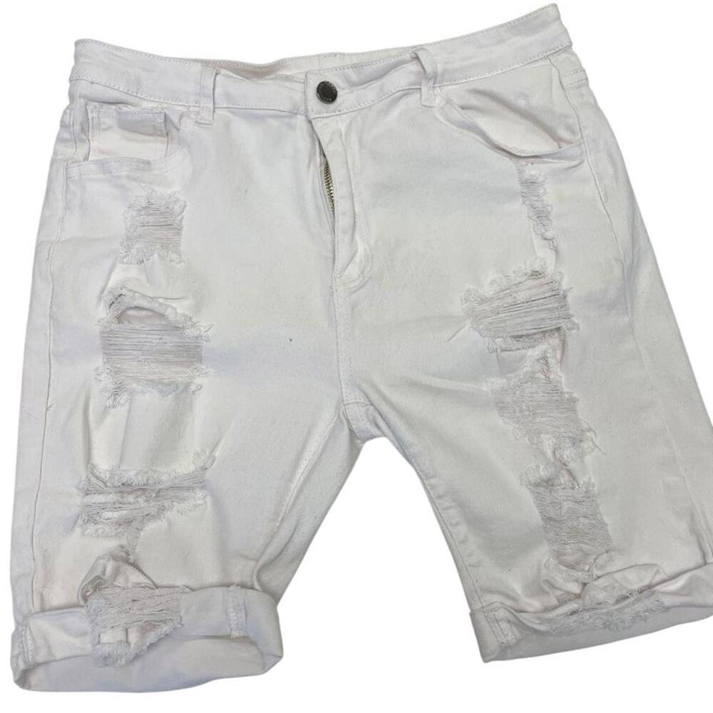 White distressed denim shorts